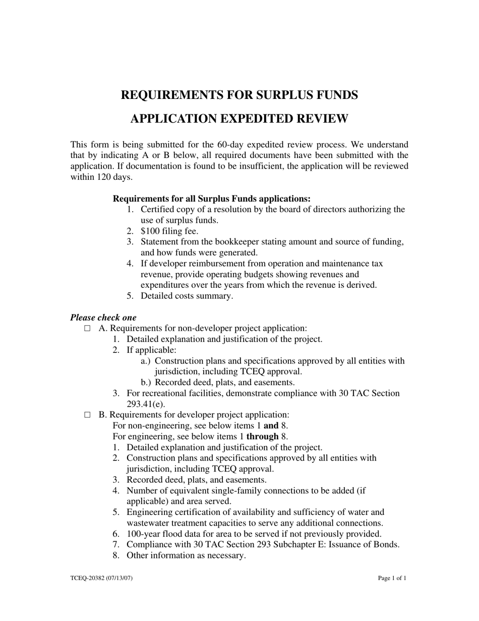 Form 20382 Requirements for Surplus Funds Application Expedited Review - Texas, Page 1
