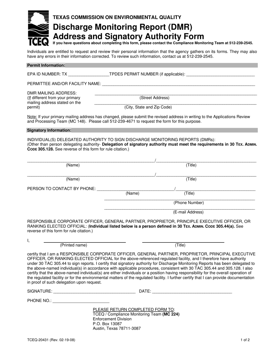Form 20431 Discharge Monitoring Report (Dmr) Address and Signatory Authority Form - Texas, Page 1