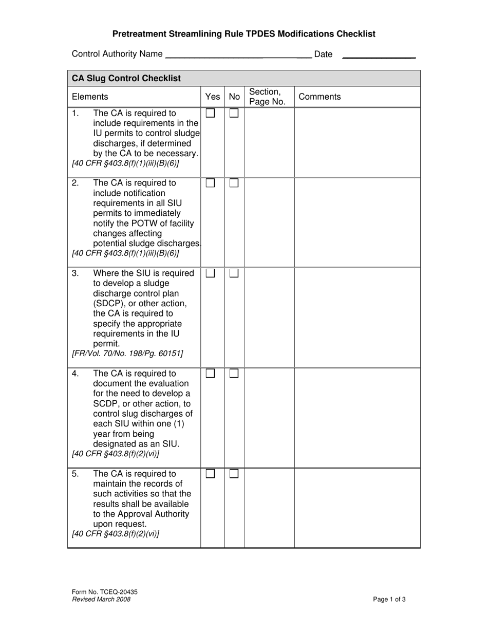 Form 20435 Pretreatment Streamlining Rule Tpdes Modifications Checklist - Texas, Page 1