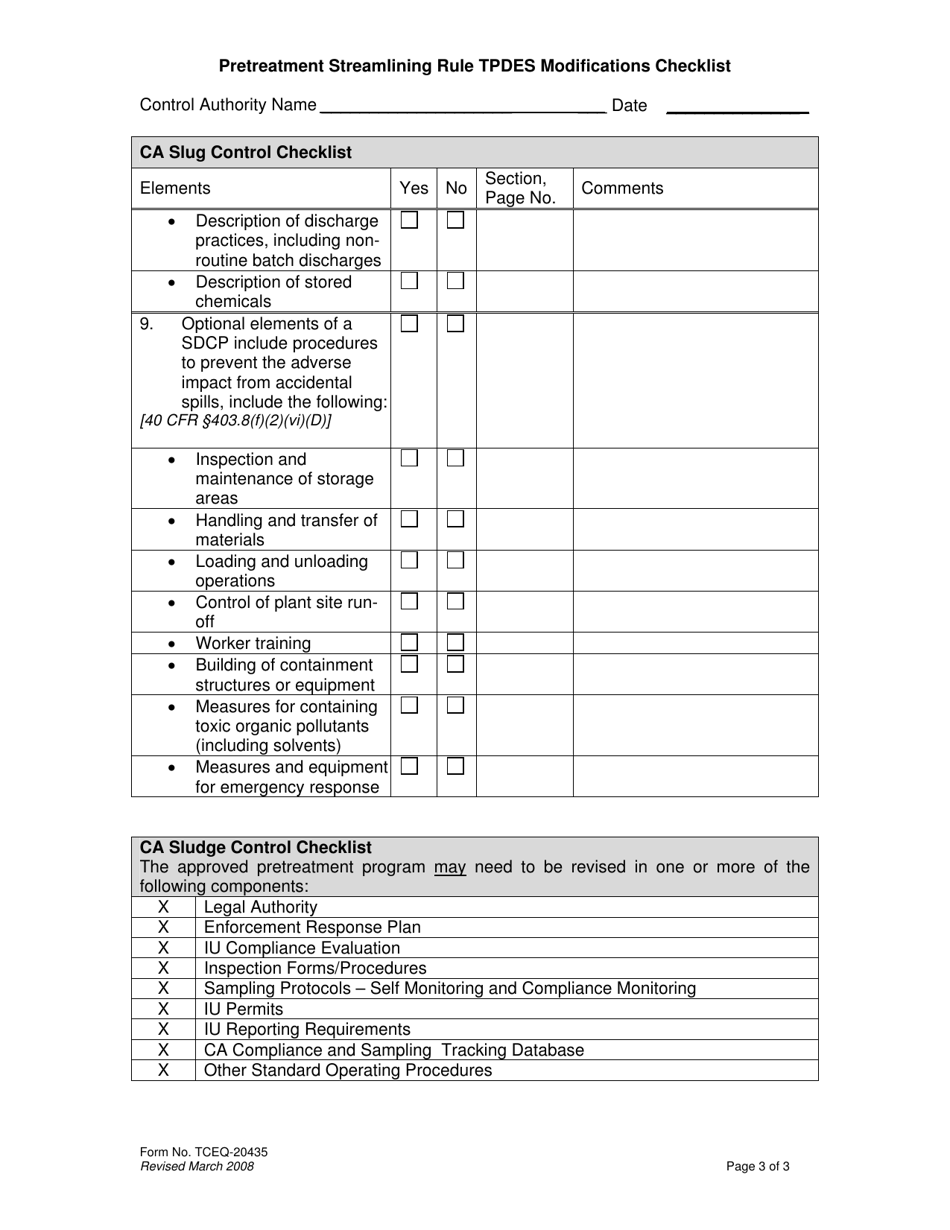 Form 20435 Pretreatment Streamlining Rule Tpdes Modifications Checklist - Texas, Page 3