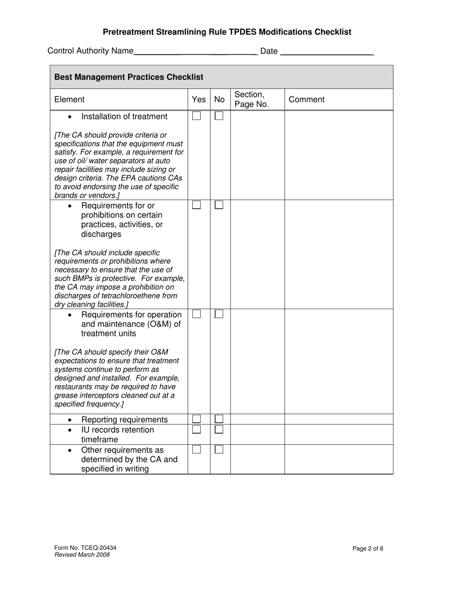 Form 20434 Pretreatment Streamlining Rule Tpdes Modifications Checklist - Texas, Page 2