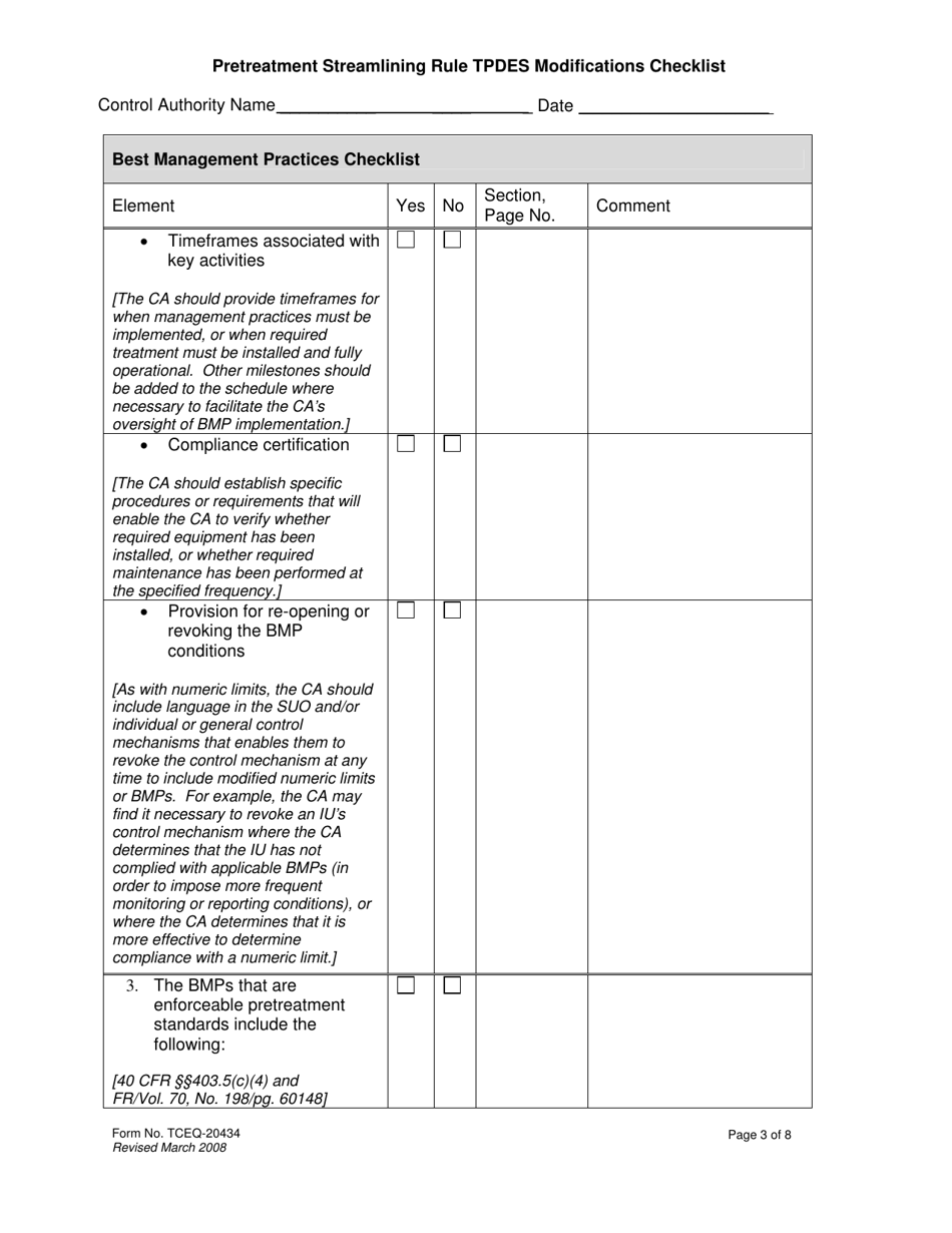 Form 20434 Pretreatment Streamlining Rule Tpdes Modifications Checklist - Texas, Page 3