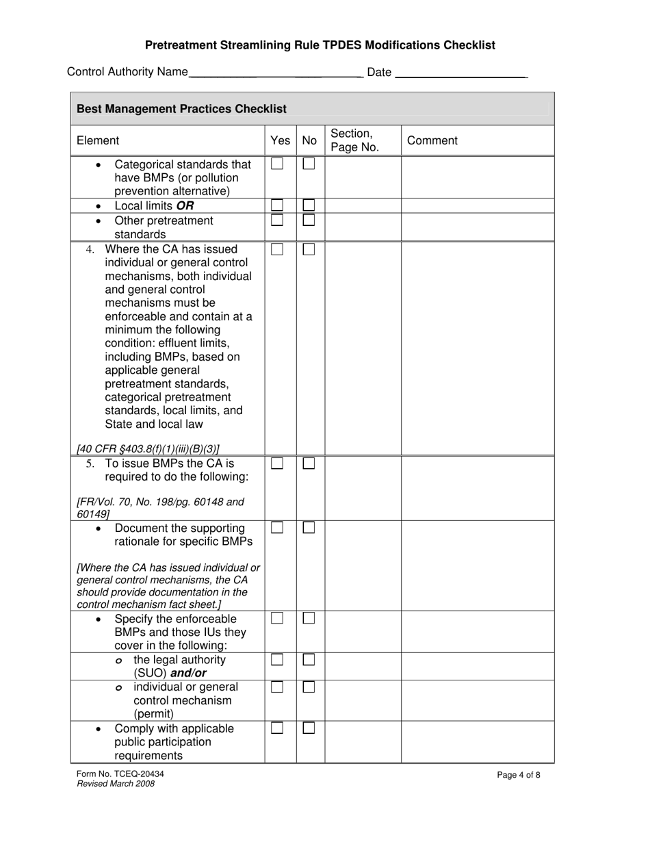 Form 20434 Pretreatment Streamlining Rule Tpdes Modifications Checklist - Texas, Page 4