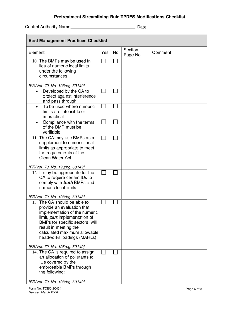 Form 20434 Pretreatment Streamlining Rule Tpdes Modifications Checklist - Texas, Page 6