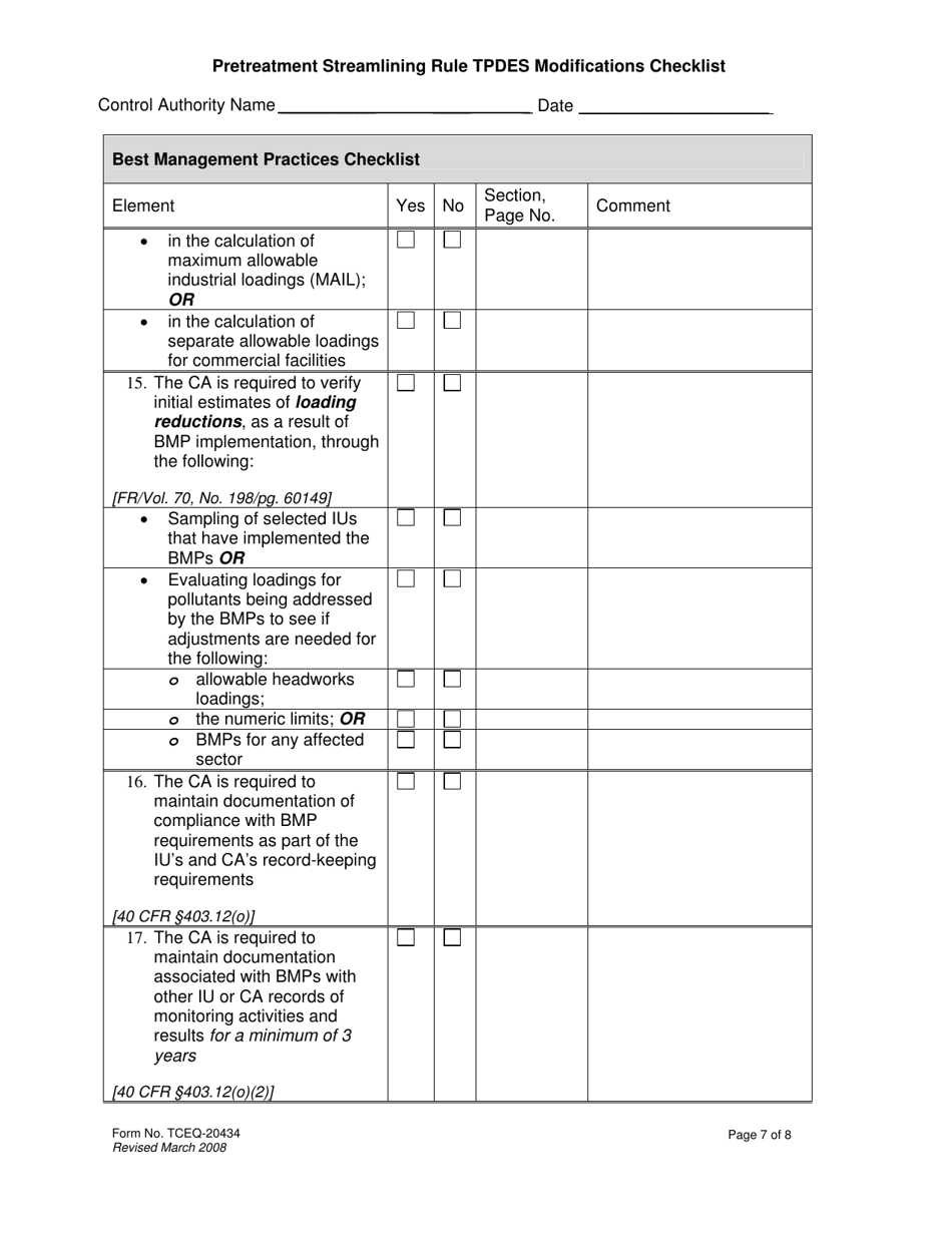 Form 20434 Pretreatment Streamlining Rule Tpdes Modifications Checklist - Texas, Page 7