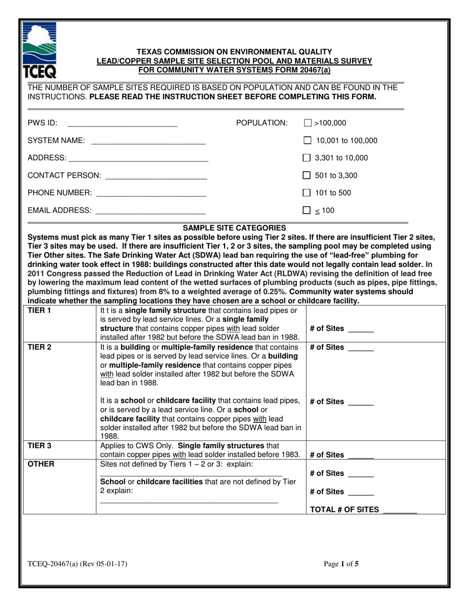 Form 20467(A) Lead / Copper Sample Site Selection Pool and Materials Survey for Community Water Systems Form - Texas, Page 1