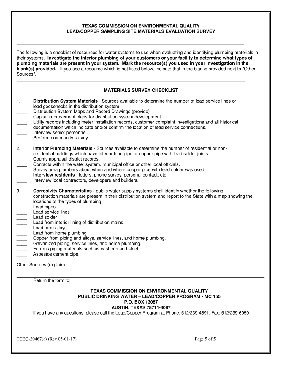 Form 20467(A) Lead / Copper Sample Site Selection Pool and Materials Survey for Community Water Systems Form - Texas, Page 5