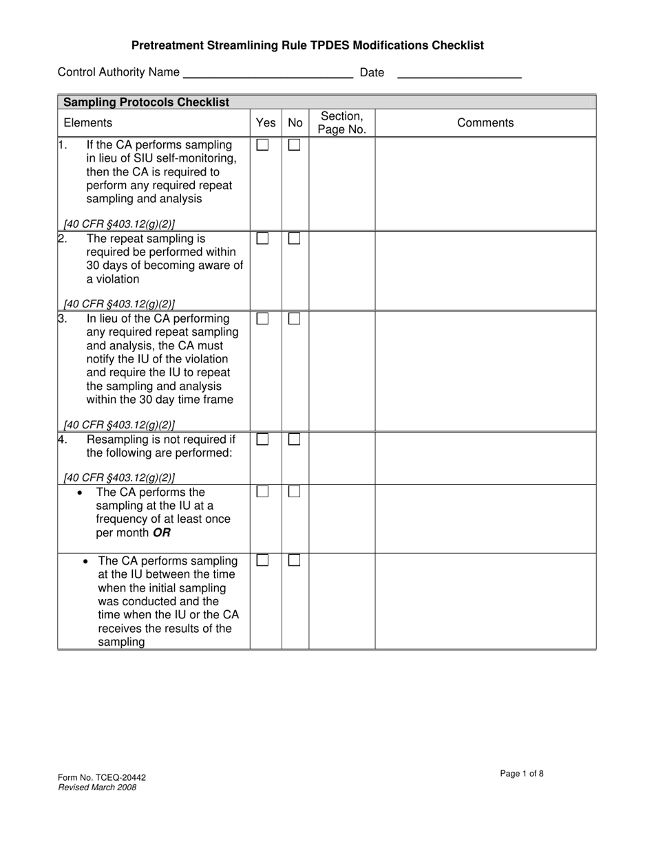 Form 20442 Pretreatment Streamlining Rule Tpdes Modifications Checklist - Texas, Page 1