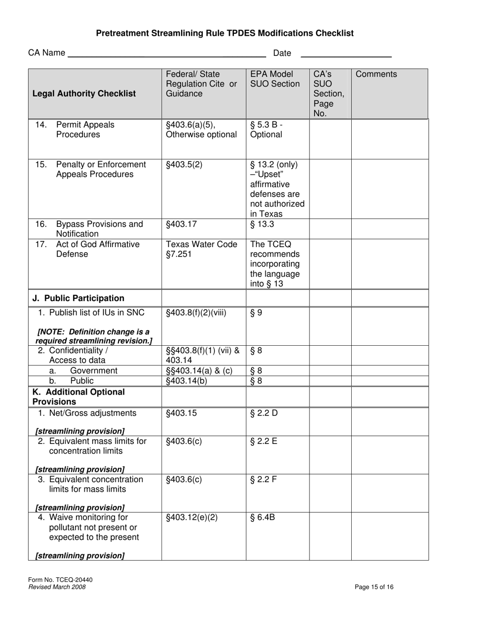 Form TCEQ-20440 Pretreatment Streamlining Rule Tpdes Modifications Checklist - Texas, Page 15