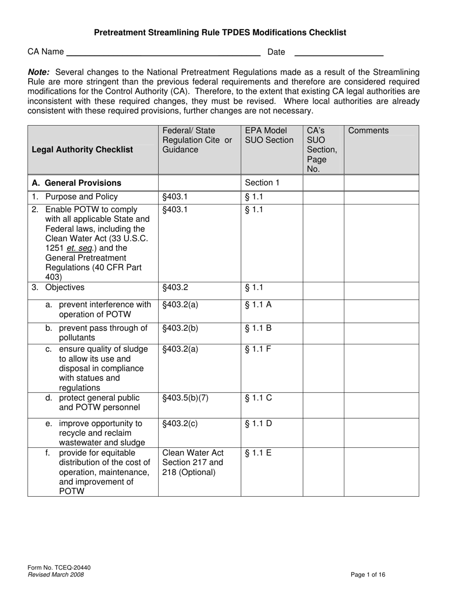 Form TCEQ-20440 Pretreatment Streamlining Rule Tpdes Modifications Checklist - Texas, Page 1