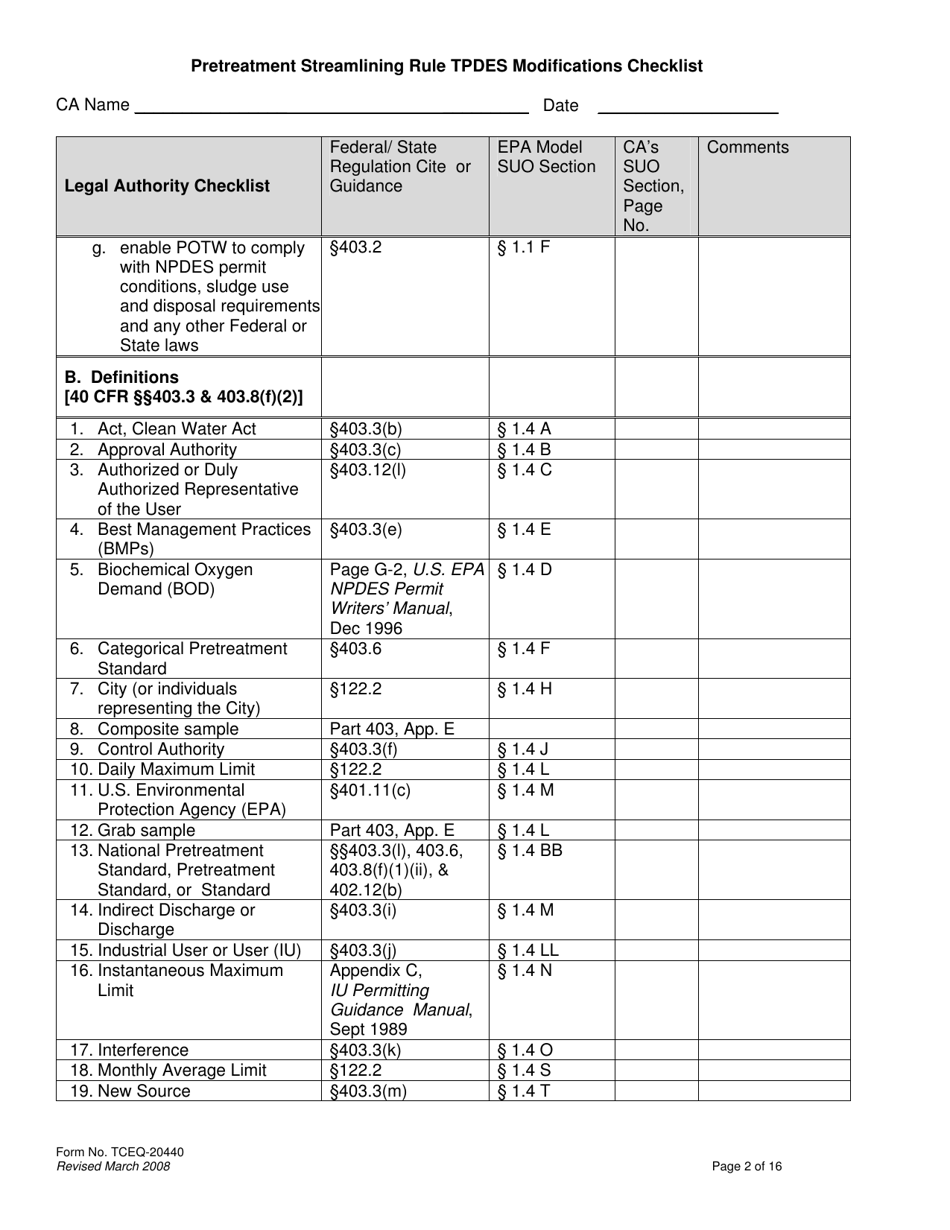 Form TCEQ-20440 Pretreatment Streamlining Rule Tpdes Modifications Checklist - Texas, Page 2