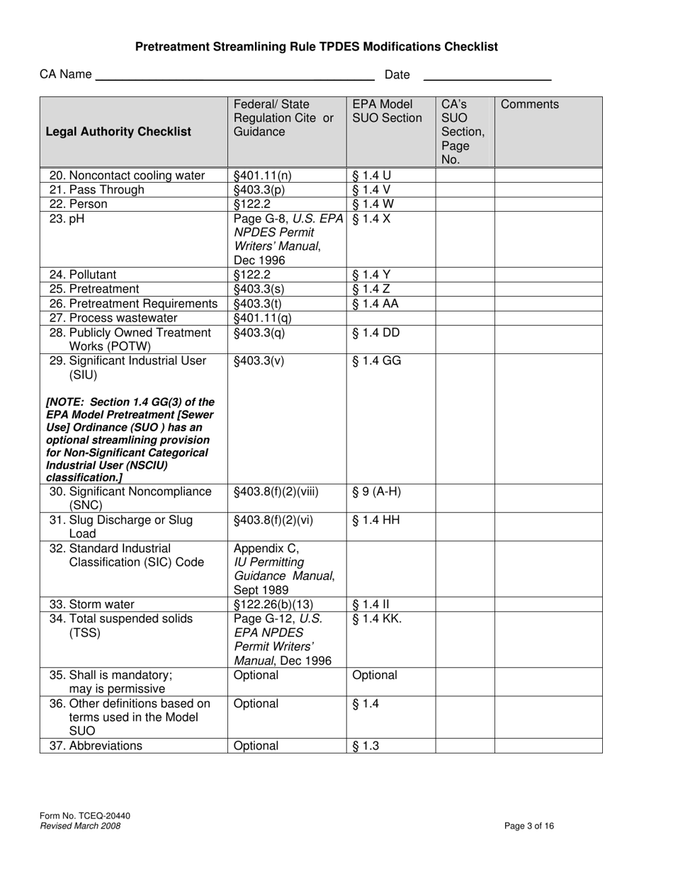 Form TCEQ-20440 Pretreatment Streamlining Rule Tpdes Modifications Checklist - Texas, Page 3