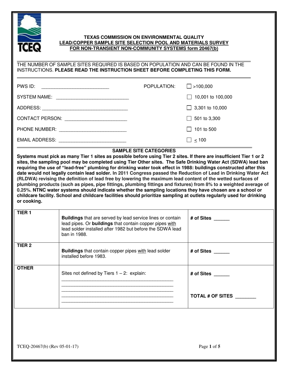 Form 20467(B) Lead / Copper Sample Site Selection Pool and Materials Survey for Non-transient Non-community Systems - Texas, Page 1