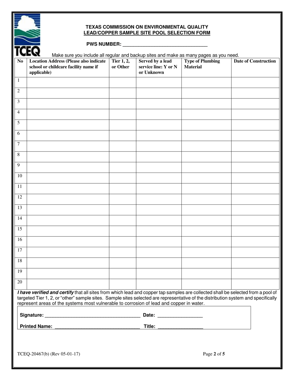 Form 20467(B) Lead / Copper Sample Site Selection Pool and Materials Survey for Non-transient Non-community Systems - Texas, Page 2