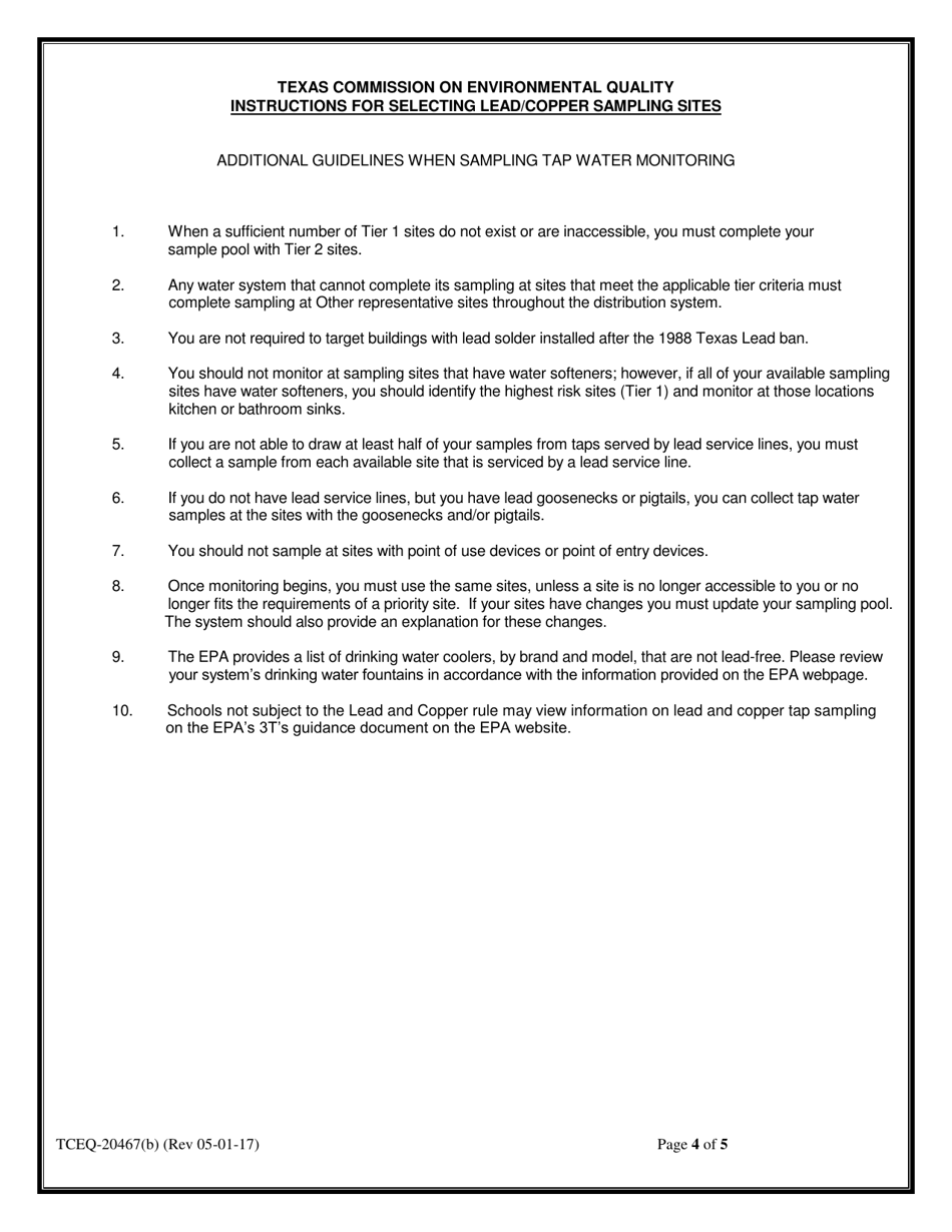 Form 20467(B) Lead / Copper Sample Site Selection Pool and Materials Survey for Non-transient Non-community Systems - Texas, Page 4