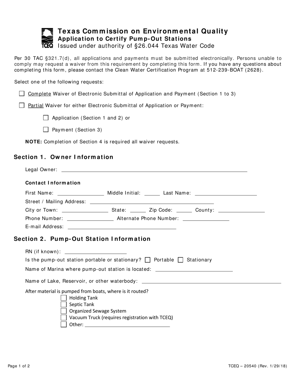Form TCEQ-20540 Application to Certify Pump-Out Stations - Texas, Page 1
