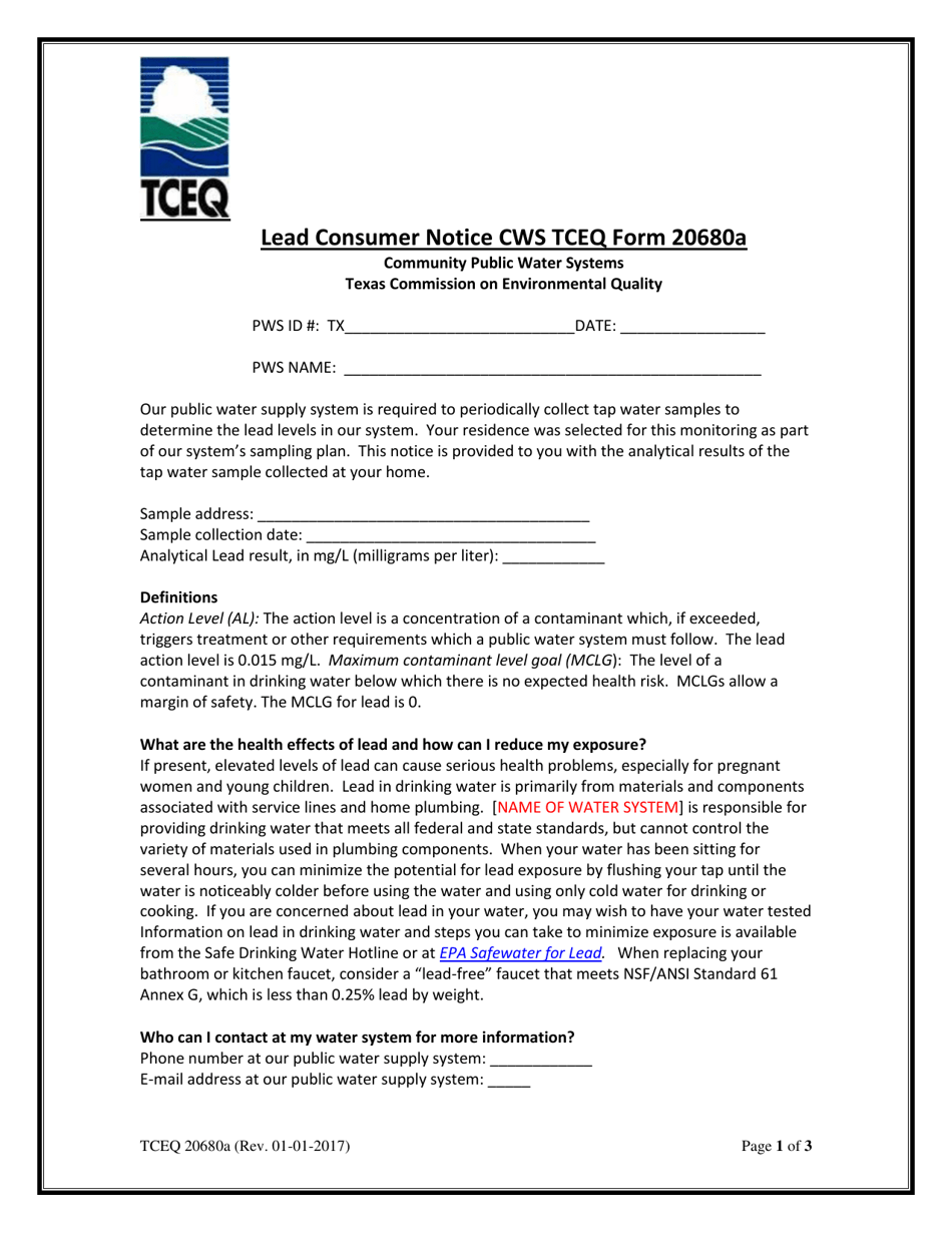 Form 20680A Lead Consumer Notice Certification Form Community Public Water Systems - Texas, Page 1