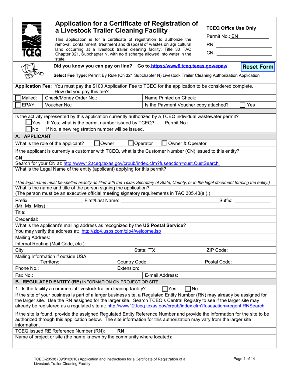 Form 20538 Application for a Certificate of Registration of a Livestock Trailer Cleaning Facility - Texas, Page 1