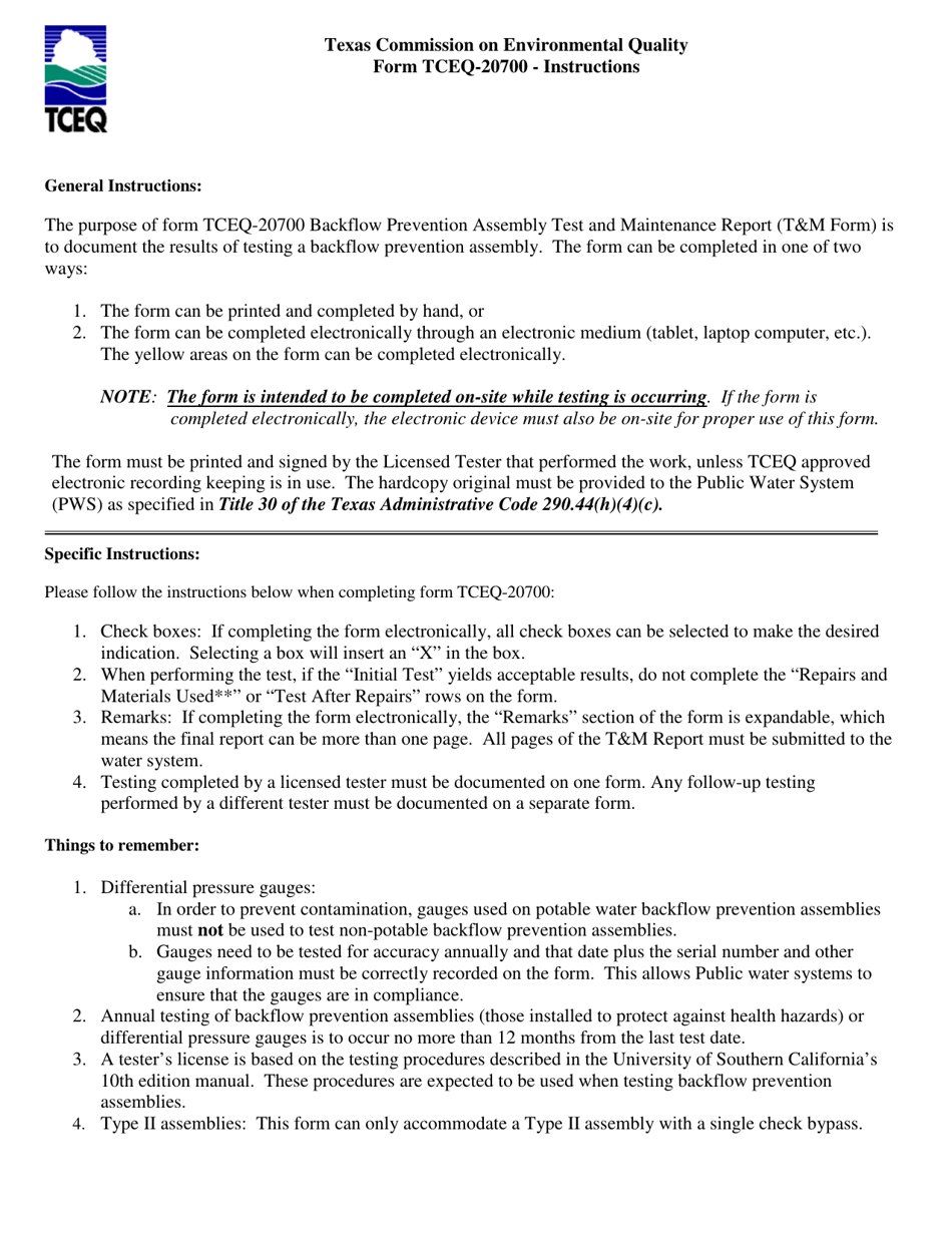 Form TCEQ-20700 Backflow Prevention Assembly Test and Maintenance Report - Texas, Page 1