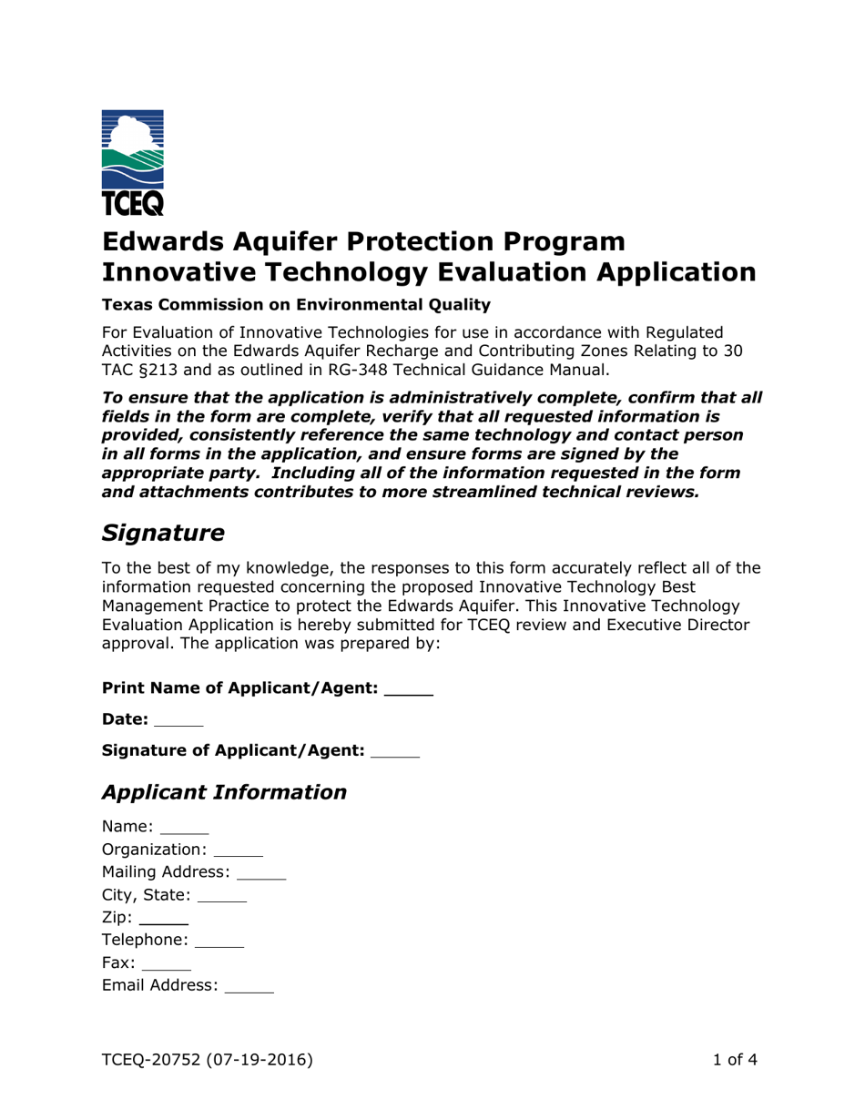 Form TCEQ-20752 Edwards Aquifer Protection Program Innovative Technology Evaluation Application - Texas, Page 1