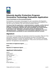 Document preview: Form TCEQ-20752 Edwards Aquifer Protection Program Innovative Technology Evaluation Application - Texas