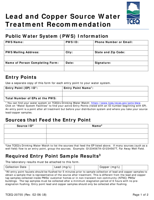 Form TCEQ-20755 Lead and Copper Source Water Treatment Recommendation - Texas