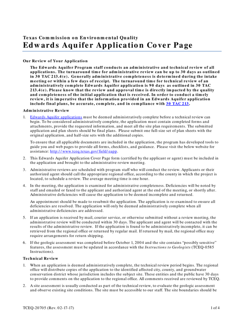 Form TCEQ-20705 Edwards Aquifer Application Cover Page - Texas