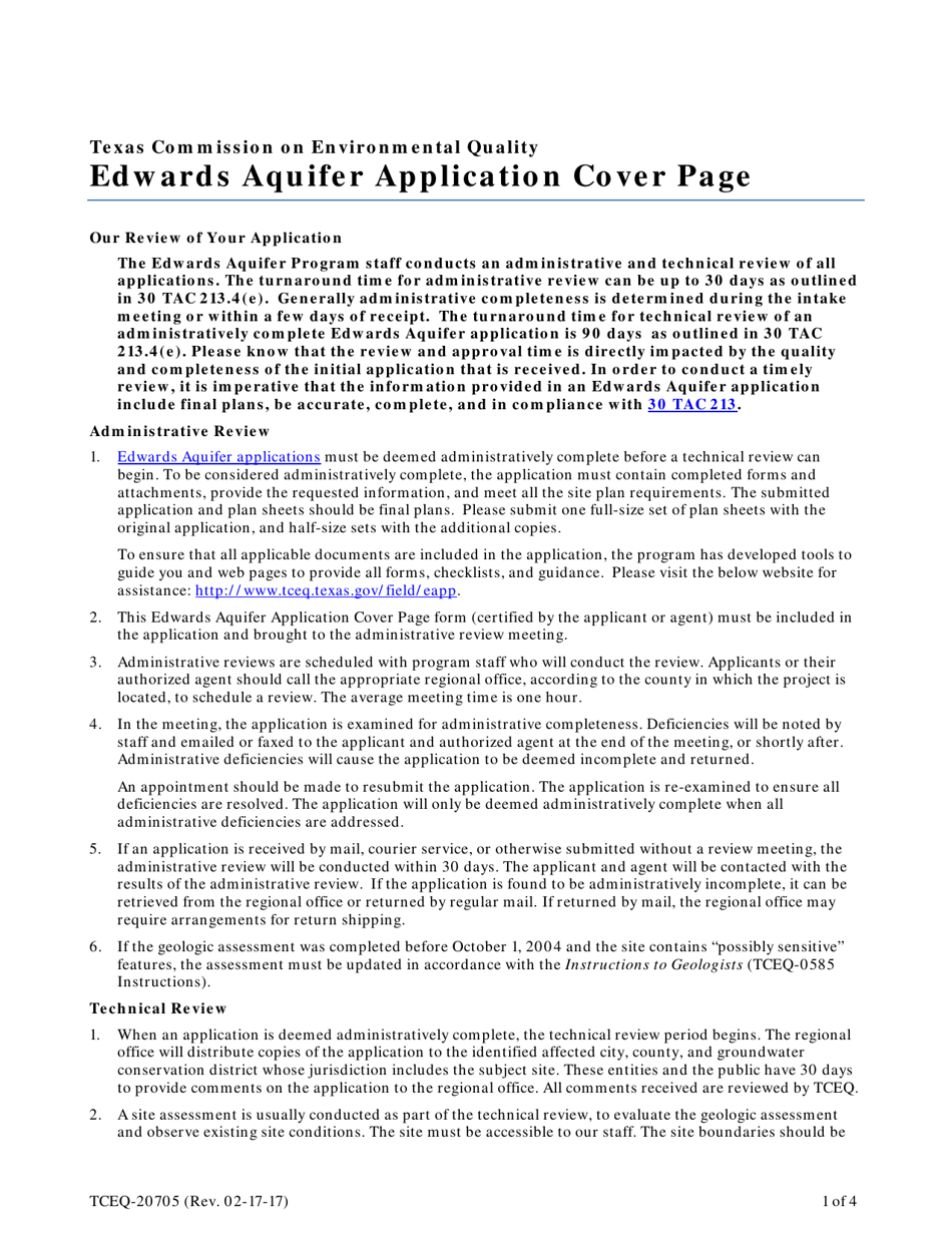 Form TCEQ-20705 Edwards Aquifer Application Cover Page - Texas, Page 1