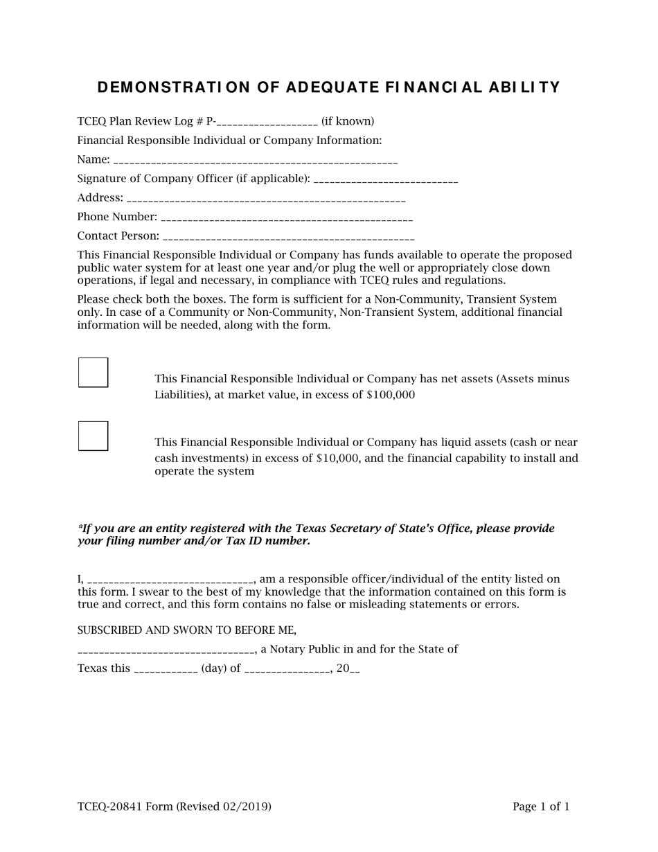 Form TCEQ-20841 Demonstration of Adequate Financial Ability - Texas, Page 1