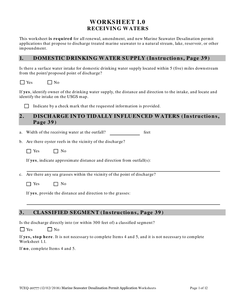 Form 20777 Marine Seawater Desalination Facility Permit Application - Worksheets - Texas, Page 1