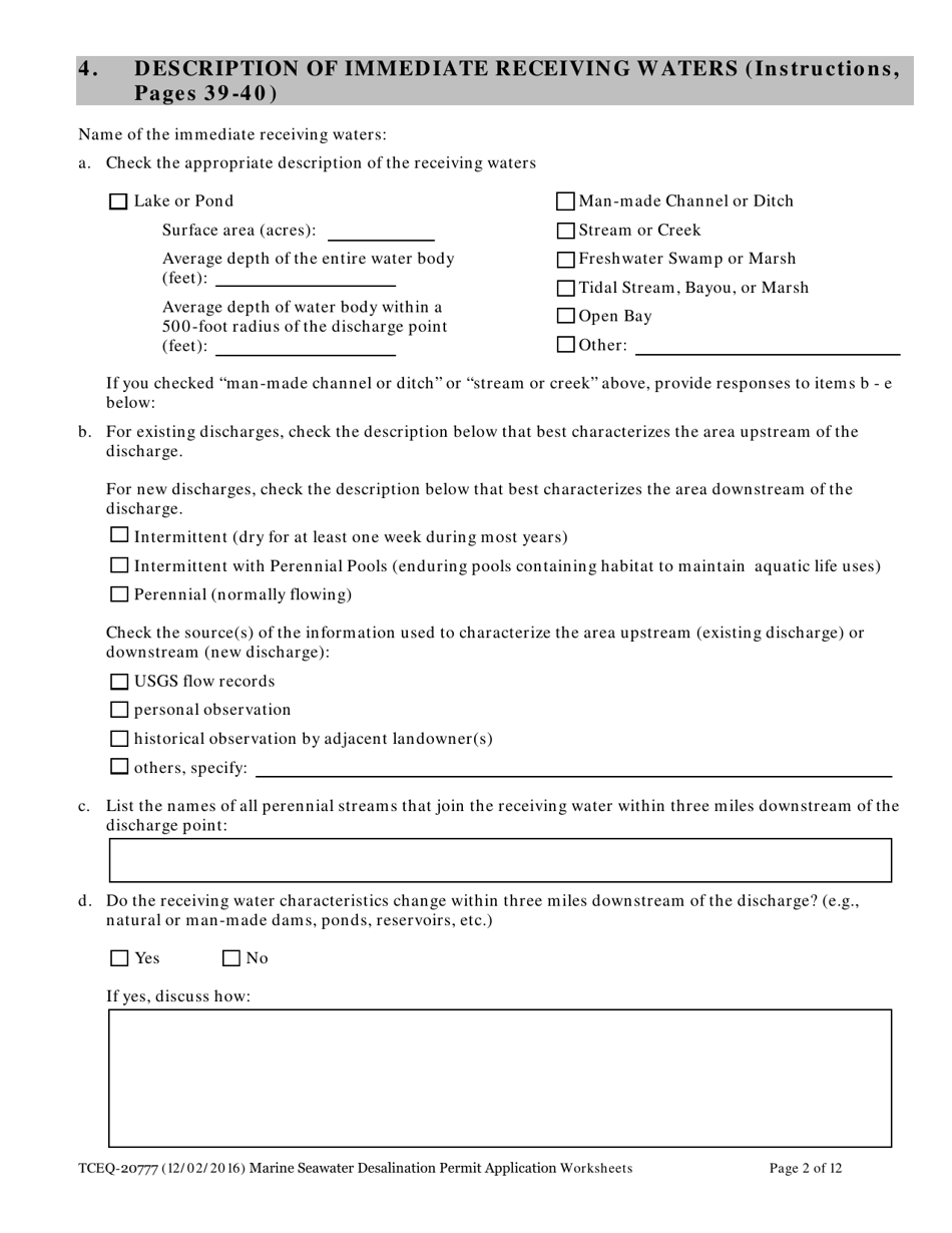 Form 20777 Marine Seawater Desalination Facility Permit Application - Worksheets - Texas, Page 2
