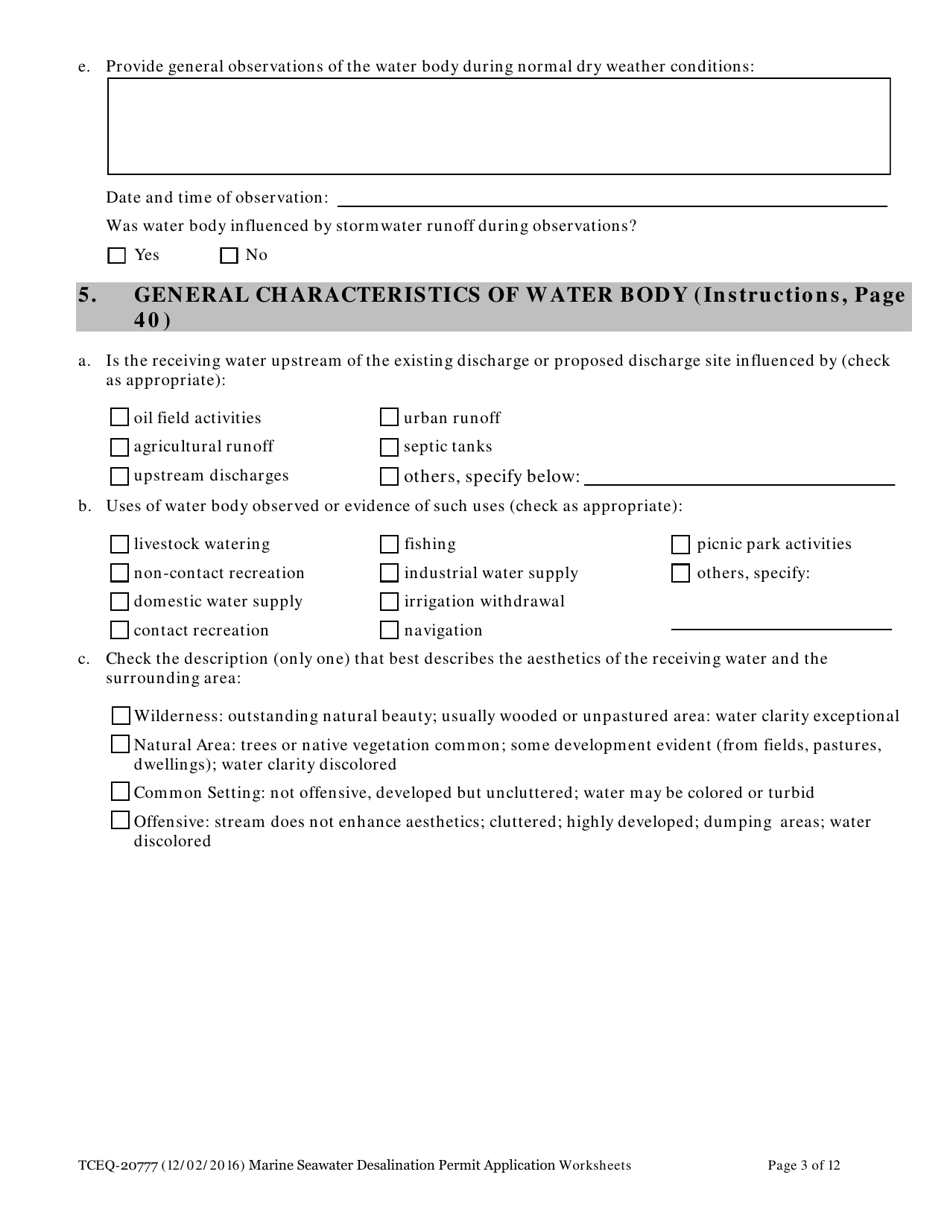 Form 20777 Marine Seawater Desalination Facility Permit Application - Worksheets - Texas, Page 3
