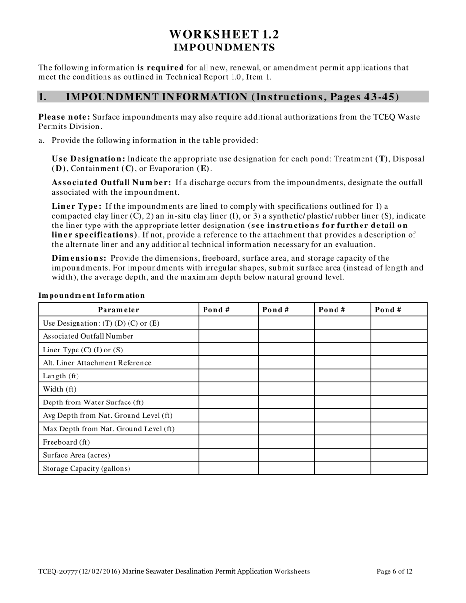 Form 20777 Marine Seawater Desalination Facility Permit Application - Worksheets - Texas, Page 6