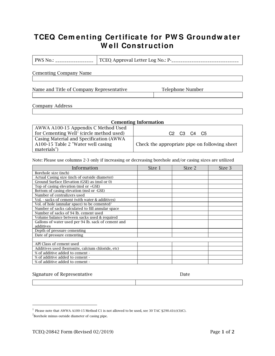 Form 20842 Tceq Cementing Certificate for Pws Groundwater Well Construction - Texas, Page 1