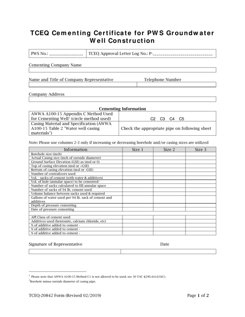 Form 20842 Tceq Cementing Certificate for Pws Groundwater Well Construction - Texas