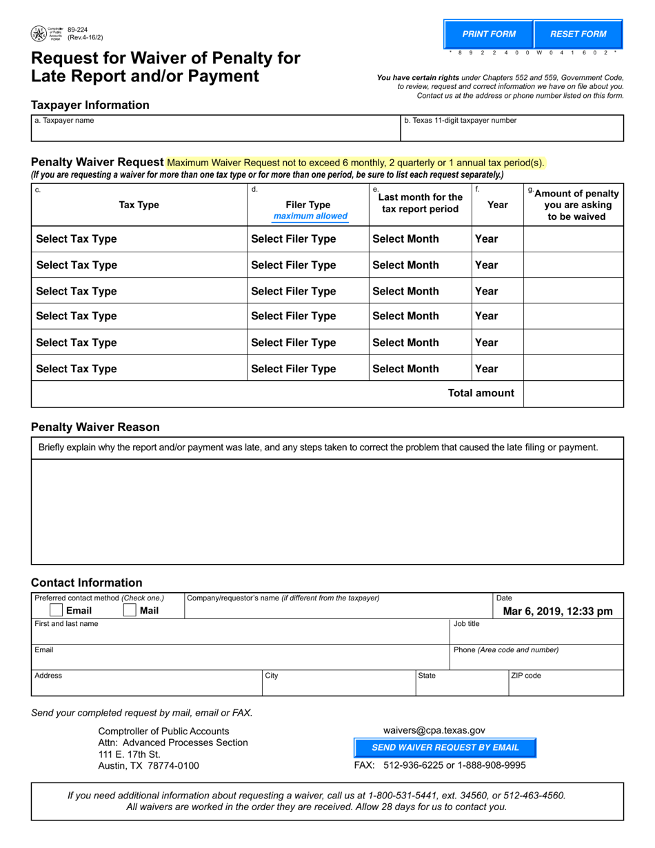 Form 89-224 Request for Waiver of Penalty for Late Report and / or Payment - Texas, Page 1
