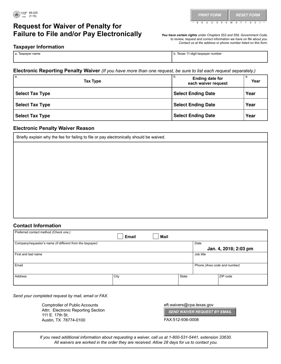 Form 85-225 Request for Waiver of Penalty for Failure to File and/or Pay Electronically - Texas, Page 1