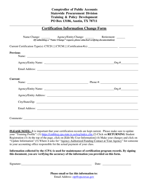 Certification Information Change Form - Texas Download Pdf