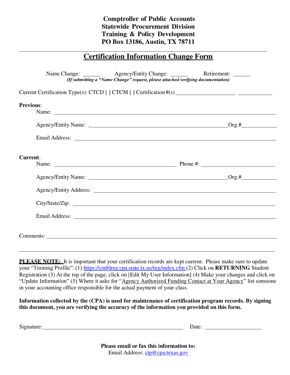 Certification Information Change Form - Texas, Page 1