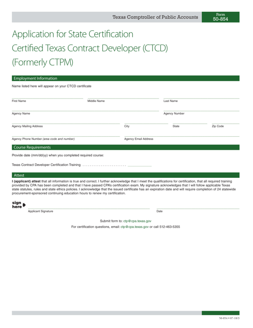 Form 50-854 Application for State Certification Certified Texas Contract Developer (Ctcd) (Formerly Ctpm) - Texas