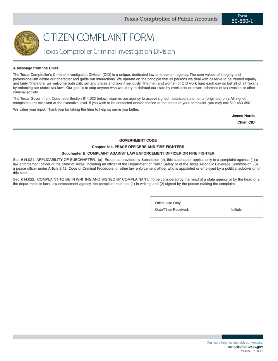 Form 50-860-1 Citizen Complaint Form - Texas, Page 1
