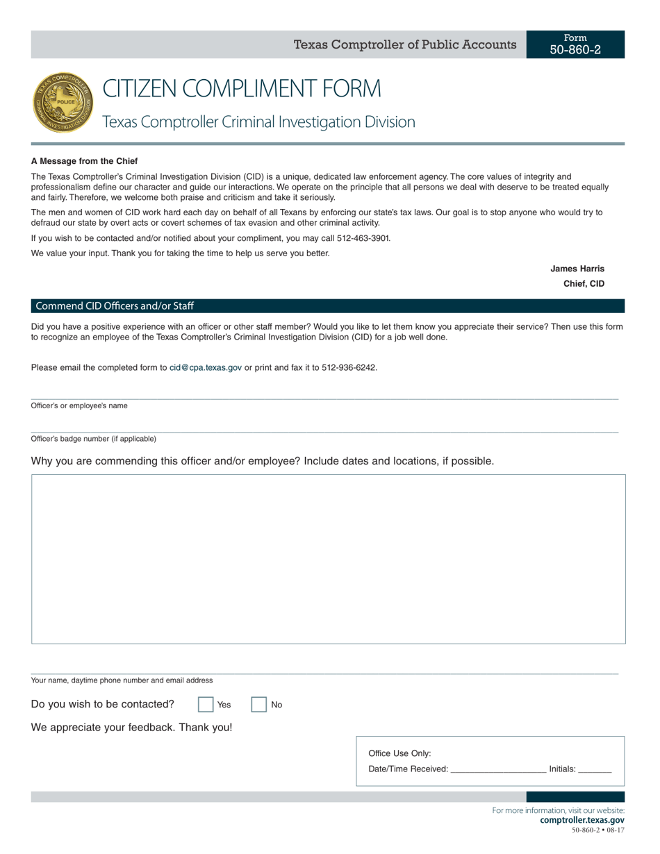 Form 50-860-2 Citizen Compliment Form - Texas, Page 1