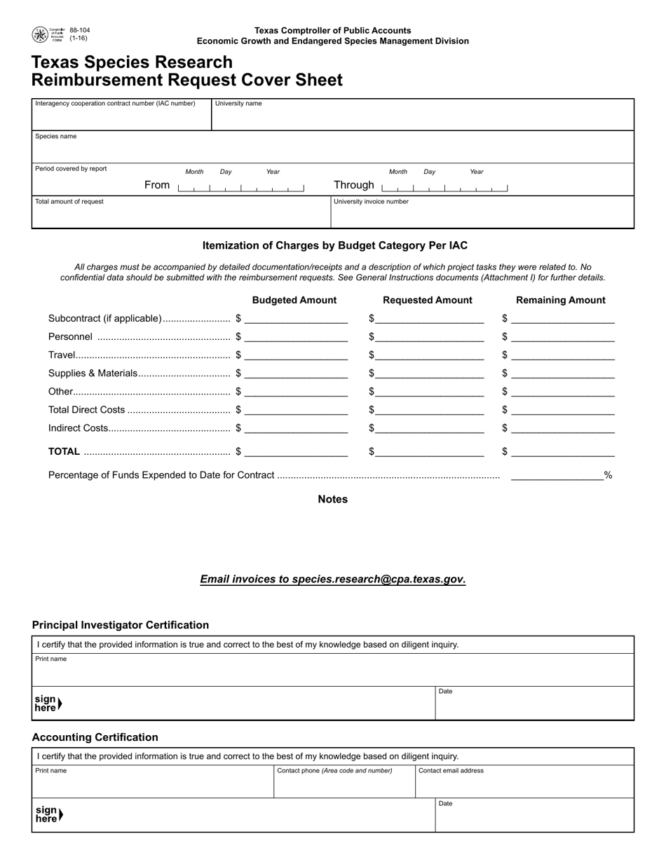 Form 88-104 Species Research Reimbursement Request Cover Sheet - Texas, Page 1