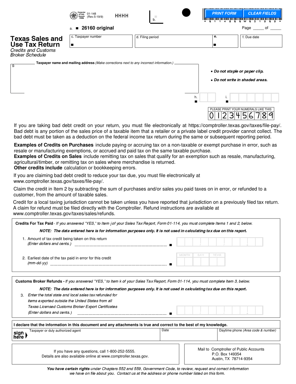 Form 01-148 Texas Sales and Use Tax Return Credits and Customs Broker Schedule - Texas, Page 1