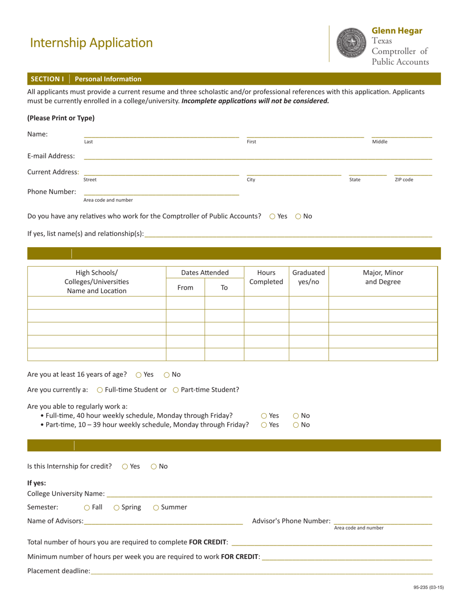 Form 95-235 Internship Application - Texas, Page 1