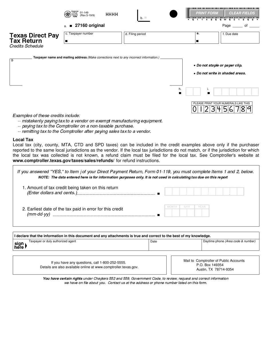 Form 01-149 Texas Direct Pay Tax Return Credits Schedule - Texas, Page 1