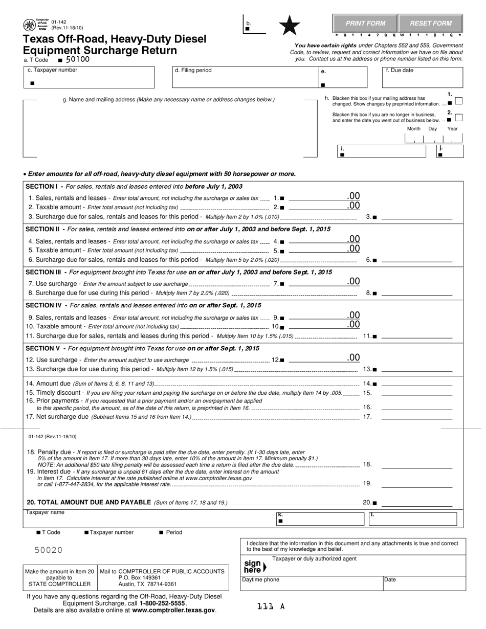 Form 01-142 Texas off-Road, Heavy-Duty Diesel Equipment Surcharge Return - Texas, Page 1