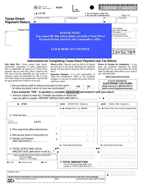 Form 01-119 Texas Direct Payment Return - Texas