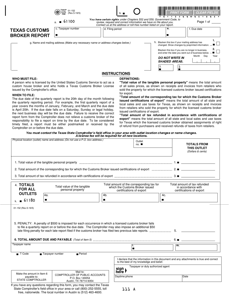 Form 01-152 Texas Customs Broker Report - Texas, Page 1