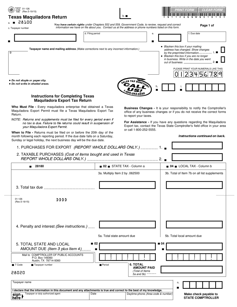 Form 01-126 Texas Maquiladora Export Tax Return - Texas, Page 1
